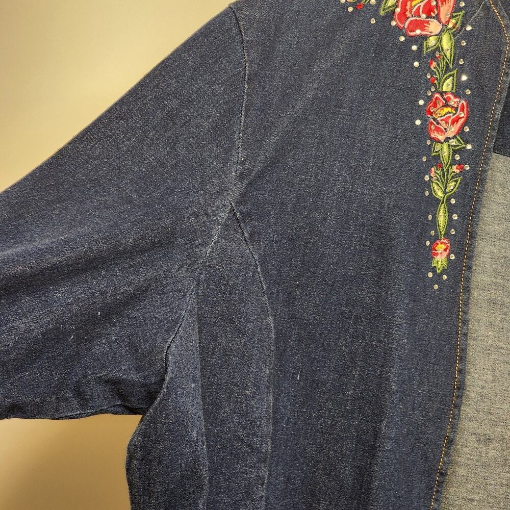 Suzanne Somers Collection Blue Jean Jacket Size 1X Embroidered Floral Rhinestone - Picture 3 of 12
